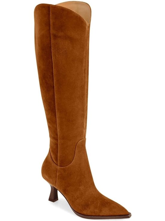 Shoes - Women's Brown Wide Calf Pointed Toe Side Zipper Fall Knee High Winter Heel Boots